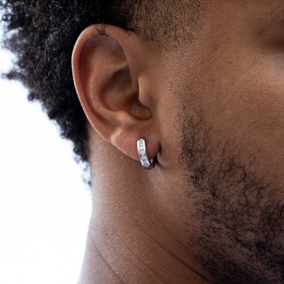 Silver Iced One Row Mens Small Hoop Earrings - Picture 4 of 5